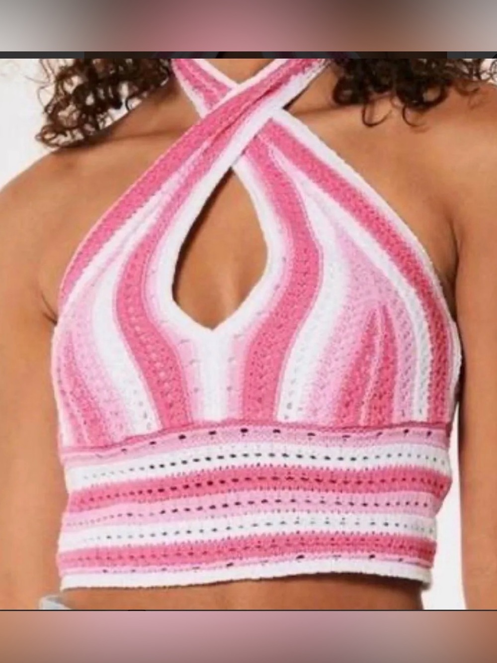 Hollister Crochet Halter Striped Cropped Tank Top Pink White Deep V Summer Small